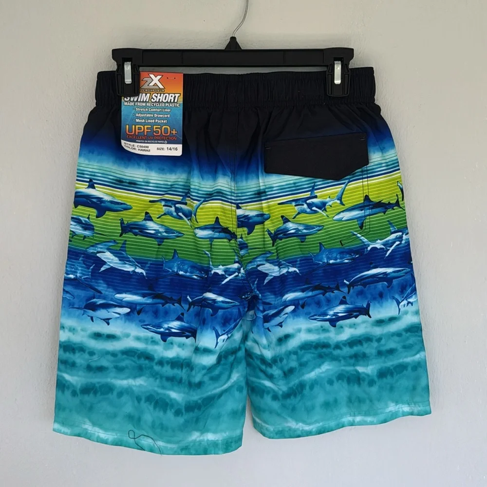 Zero Xposur blue green shark print swim trunks and goggles set size 14/16